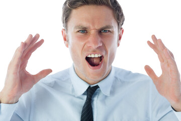 Digital png photo of angry caucasian businessman with hands up on transparent background