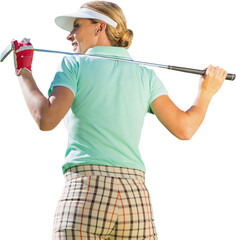 Digital png photo of back of caucasian female golf player on transparent background