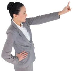 Rolgordijnen Aziatische plekken Digital png photo of happy asian businesswoman pointing on transparent background