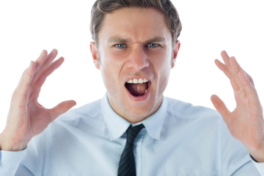 Digital png photo of angry caucasian businessman with hands up on transparent background