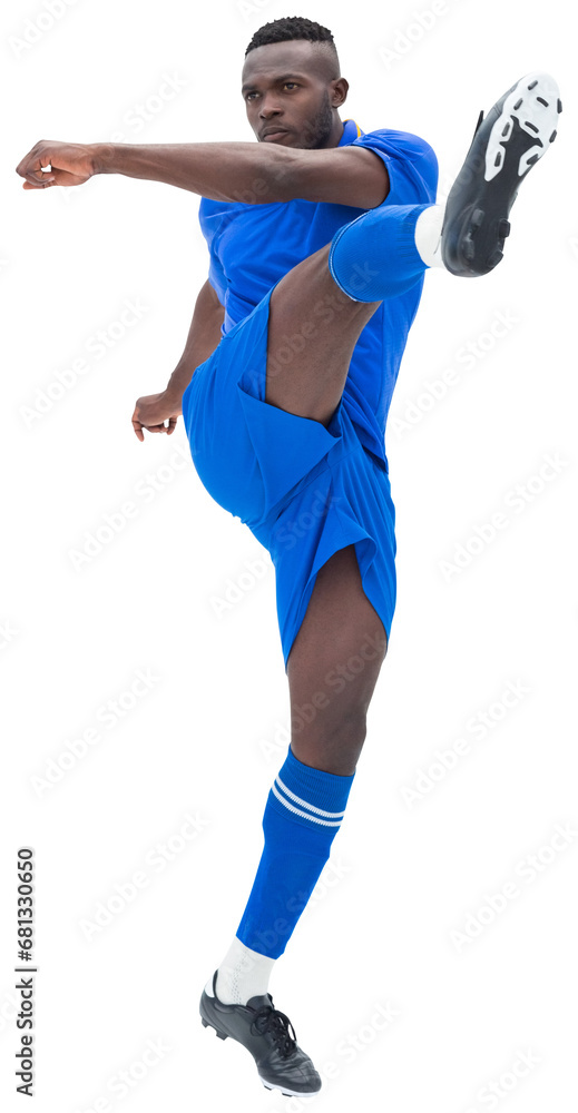 Poster Digital png photo of african american male footballer kicking on transparent background