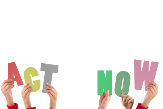 Digital png illustration of hands with act now text on transparent background - Powered by Adobe