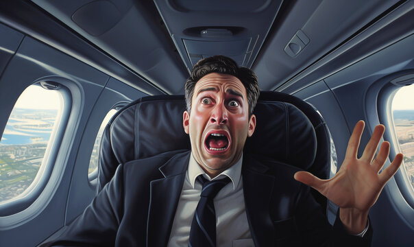 Man having panic attack inside of an airplane, aerophobia