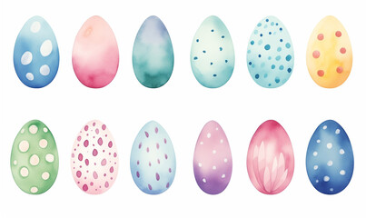 Collection of various painted watercolor eggs on white background