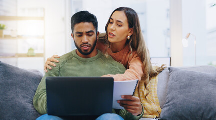 Computer, documents and couple on sofa for finance planning, online banking and budget payment....