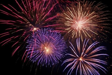 Happy new year celebration pyrotechnics and fireworks on dark background