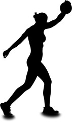 Digital png illustration of silhouette of sportswoman with disc on transparent background
