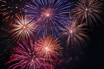 Happy new year celebration pyrotechnics and fireworks on dark background