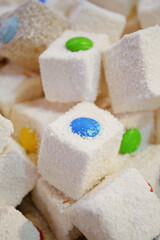  turkish delight or lokum of red, green, orange and yellow colors.