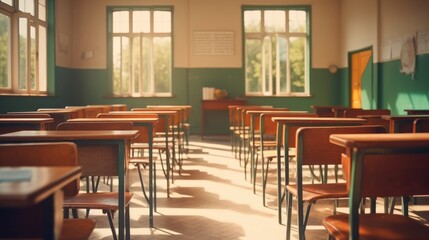 Empty classroom, vintage wooden interior with lecture chairs and desks