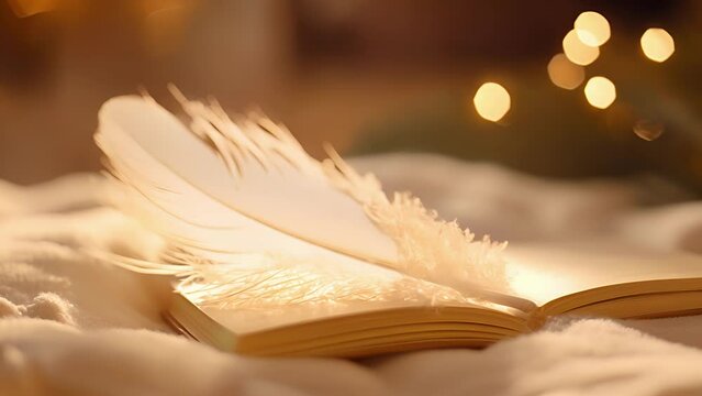 Closeup of a bookmark made from a feather, tucked carefully between the pages of a book from a lesserknown author. The feathers softness and delicateness adds a poetic touch to the reading