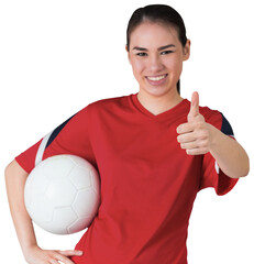 Digital png photo of happy biracial sportswoman holding ball on transparent background