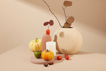 Pumpkins, candle, berries, and autumn leaves grace the table with a ceramic vase. A Thanksgiving...