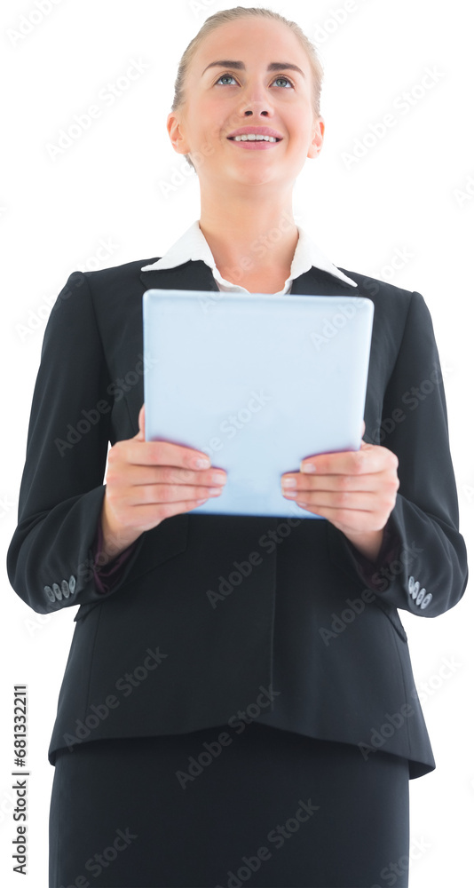 Sticker Digital png photo of happy caucasian businesswoman holding tablet on transparent background