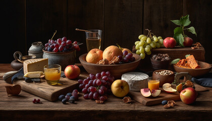 Obraz na płótnie Canvas Fresh fruit bowl on rustic table, a healthy gourmet variation generated by AI
