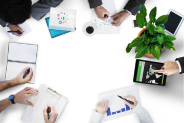 Digital png photo of hands of co-workers working in office on transparent background