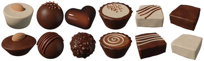 3D rendering illustration, oblique view, collection of chocolates of different shapes and flavors on transparent background