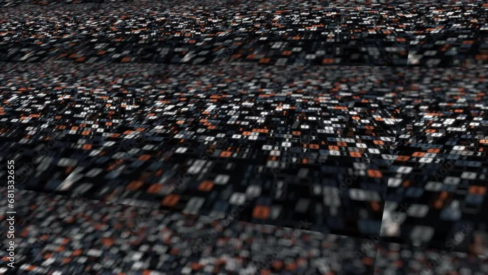 Poster endless quantity of numbers flying and blinking in digital space. animation. business or hacking tec