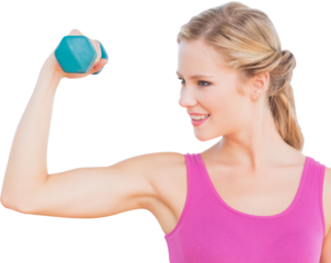 Digital png photo of happy caucasian woman lifting dumbbell on transparent background