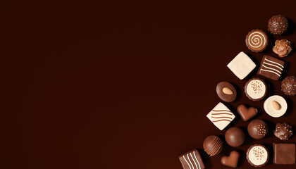 3D rendering illustration, top view, many chocolates spread on a brown background