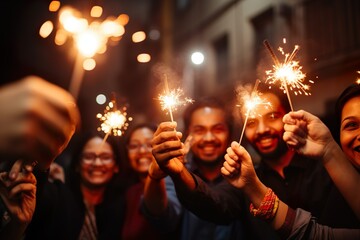 Obraz premium Friends enjoying celebrating happy new year party at night holding burning bengal lights in hands