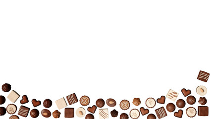 3D rendering illustration, top view, many chocolates spread on transparent background