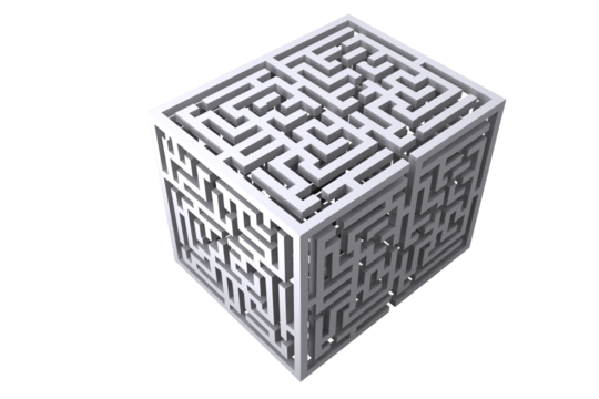 Digital png illustration of white cube with maze on transparent background