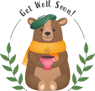 Digital png illustration of get well soon text, teddy bear with hot drink on transparent background