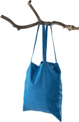 Digital png photo of blue bag hanging on branch on transparent background