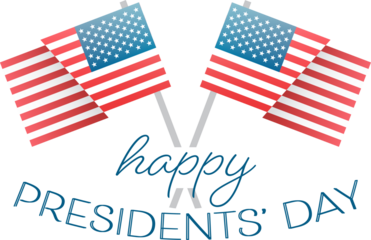 Digital png illustration of happy presidents' day with flying usa flags on transparent background