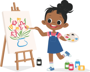 Digital png illustration of happy girl painting flowers on transparent background