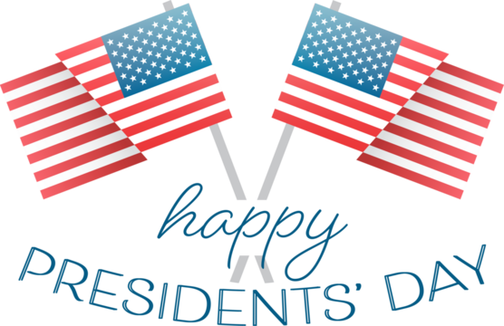 Digital png illustration of happy presidents' day with flying usa flags on transparent background - Powered by Adobe
