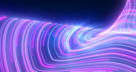 Abstract bright blue purple glowing flying waves from twisted lines energy magical background