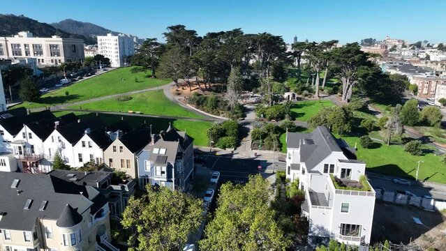 Alamo Square At San Francisco California United States. Square San Francisco California. Business Sky Clouds Downtown Cityscape. Business Outdoor Downtown District Up Above.