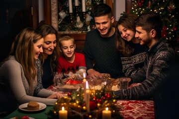 Happy new year celebration dinner cozy winter scenes with family sitting at table 