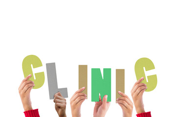 Digital png illustration of hands with clinic text on transparent background