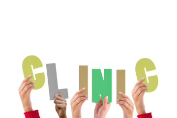 Digital png illustration of hands with clinic text on transparent background