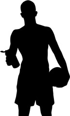 Digital png illustration of silhouette of sportsman with ball and bottle on transparent background
