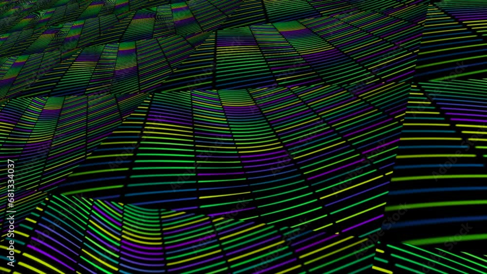 Poster gradient bright color led illuminated mosaic plaid pattern. animation. distorted wavy surface divide