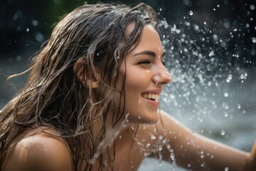 Beautiful woman in the pool looking up in a sunny day