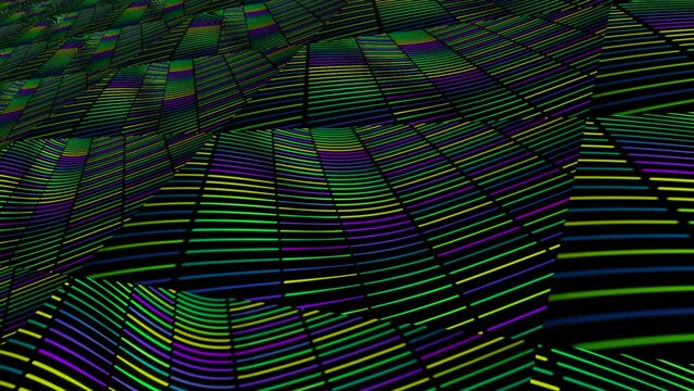 Gradient bright color led illuminated mosaic plaid pattern. Animation. Distorted wavy surface divided into squares with horizontal parallel segments.