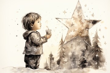 Child's fingers placing a star on top of the Christmas tree. 