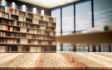 Empty wooden table and modern library background, product display.