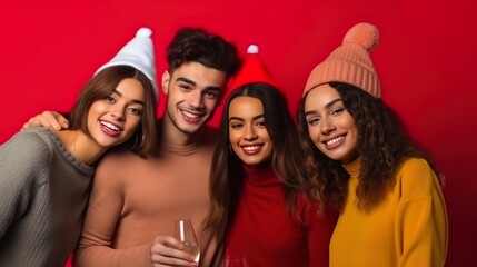Obraz premium portrait of Friends group laughing enjoying and celebrating together on red studio background 