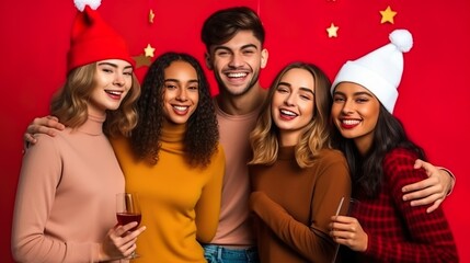 Fototapeta premium portrait of Friends group laughing enjoying and celebrating together on red studio background 