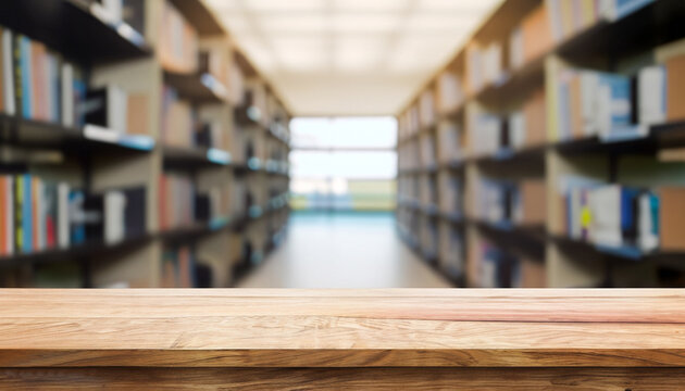 Empty wooden table and modern library background, product display.