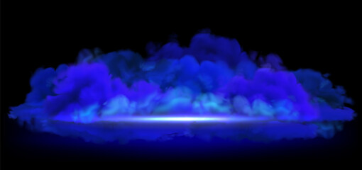 Vector blue smoke on ground backdrop. Purple clouds on black background, shining in dark banner template with copy space. Halloween night illustration. Mystic stage or display - 681334660