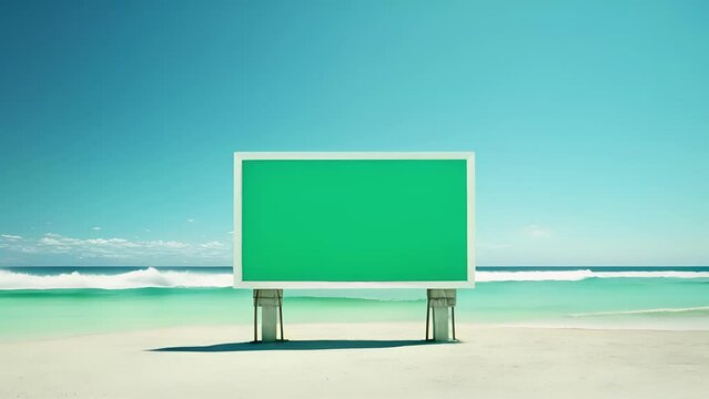 This variant emphasizes the use of the greenscreen technology to create the illusion of the billboard stand being p on the beach background. This description is likely to intrigue and captivate