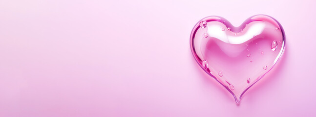 A drop of water in the shape of a heart on contrast pink background. Valentine's Day concept. Copy space.