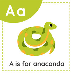 Learning English alphabet for kids. Letter A. Cute cartoon anaconda.